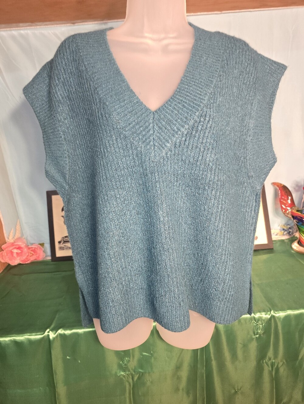 Zenana Outfitters Teal Blue V-Neck Knit Sweater Vest